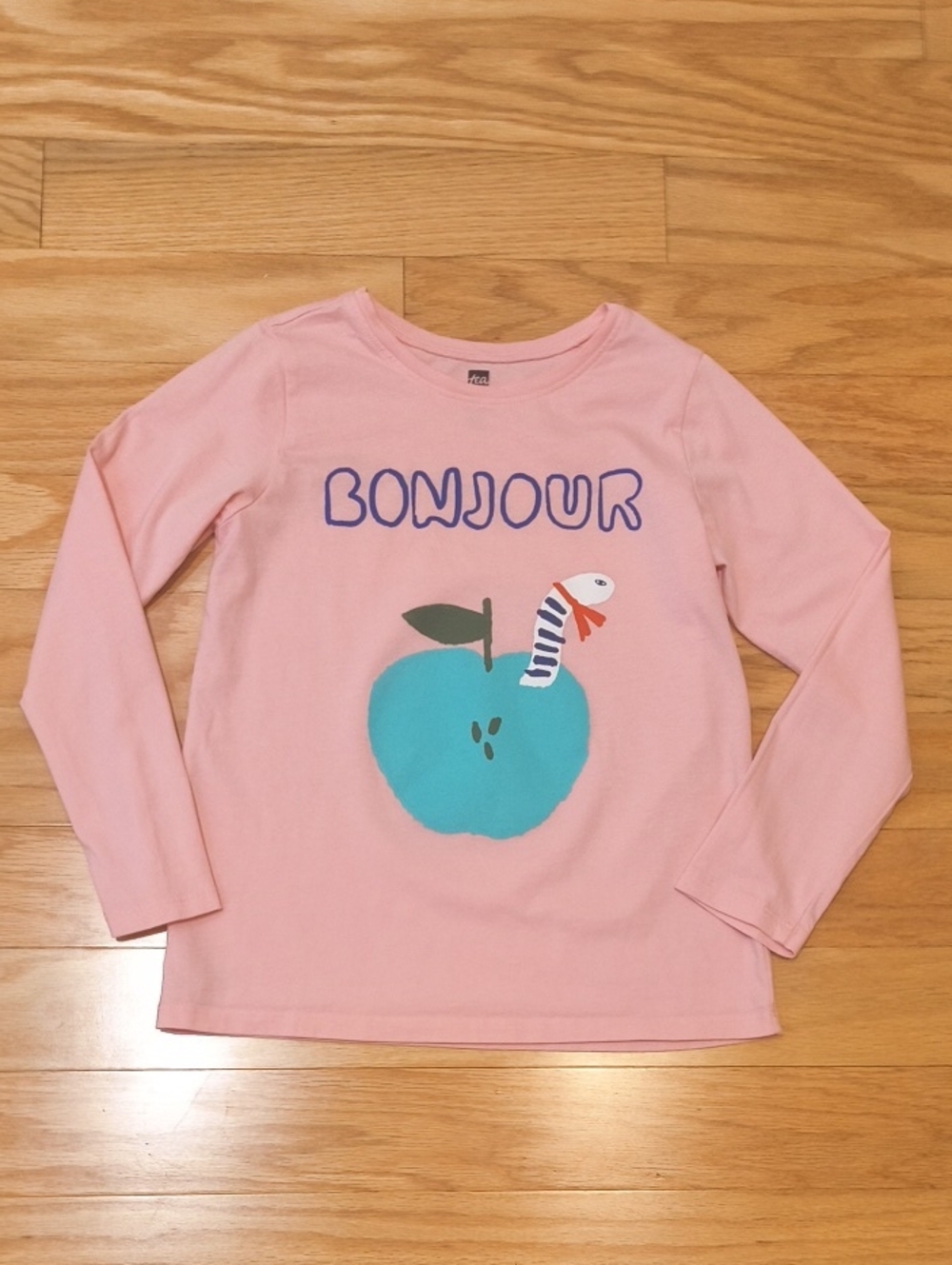 Tea Collection Pink French 'Bonjour' Long-Sleeve Graphic Tee Apple Size 8 EUC